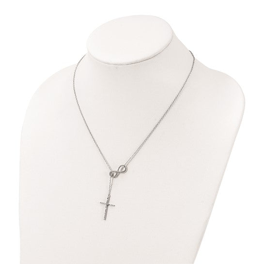 Sterling Silver Polished Rhodium CZ Cross/Infinity Symbol 18in Necklace