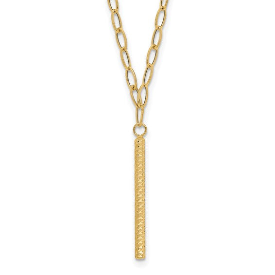 14K Polished Oval Link Chain with Diamond-cut Bar Dangle 18 inch Necklace