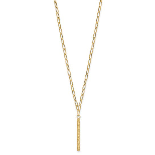 14K Polished Oval Link Chain with Diamond-cut Bar Dangle 18 inch Necklace