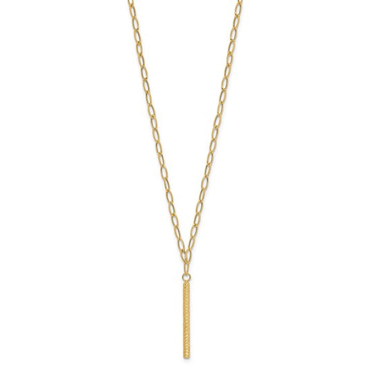 14K Polished Oval Link Chain with Diamond-cut Bar Dangle 18 inch Necklace