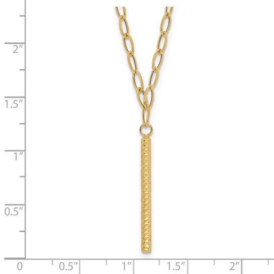 14K Polished Oval Link Chain with Diamond-cut Bar Dangle 18 inch Necklace