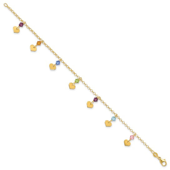 14ky Polished Dangling Hearts and CZ Fancy Bracelet
