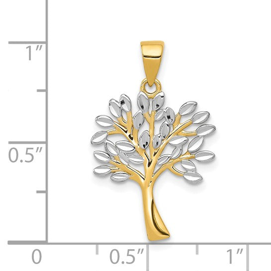 14K and White Rhodium Diamond-cut Tree Pendant