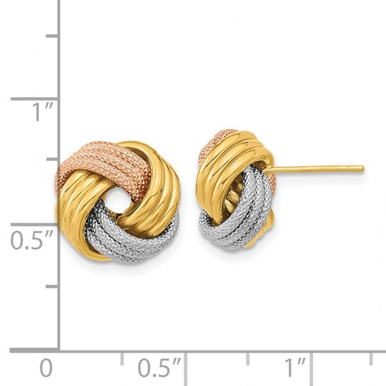 14k Yellow with White and Rose Rhod Pol Textured Triple Love Knot Post Earrings