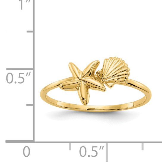 14k Polished Shell and Starfish Ring