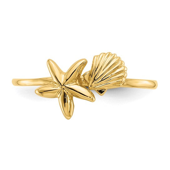 14k Polished Shell and Starfish Ring