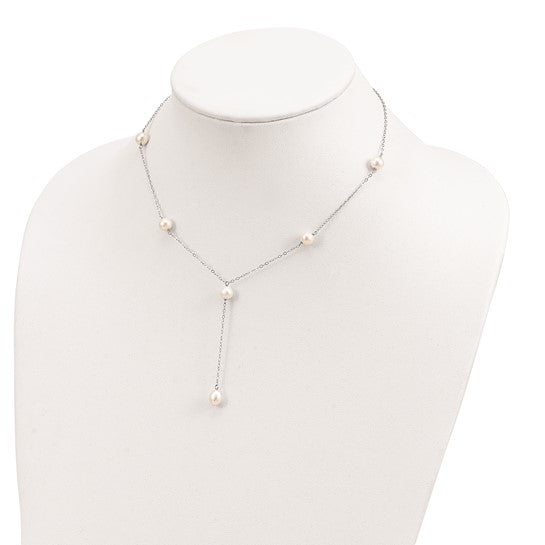 Sterling Silver Rhodium-plated 6-8mm White Teardrop and Semi-Round Freshwater Cultured Pearl 6-station Y-Drop 16 inch Necklace