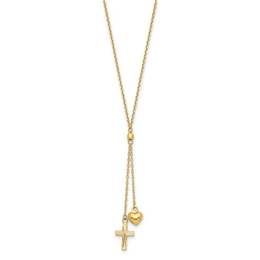 14K Puffed Heart and Diamond-cut Cross 16 inch Y-Necklace Plus 2 inch Extender