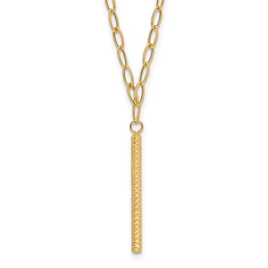 14K Polished Oval Link Chain with Diamond-cut Bar Dangle 18 inch Necklace