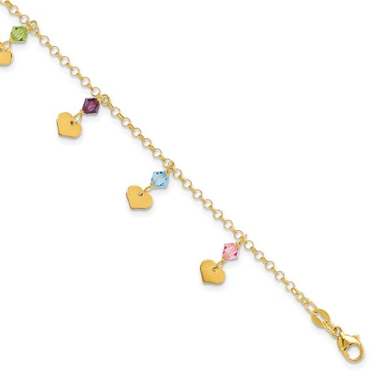 14ky Polished Dangling Hearts and CZ Fancy Bracelet