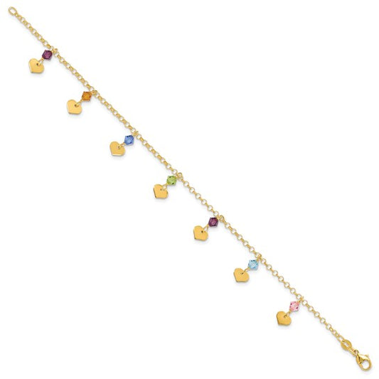14ky Polished Dangling Hearts and CZ Fancy Bracelet