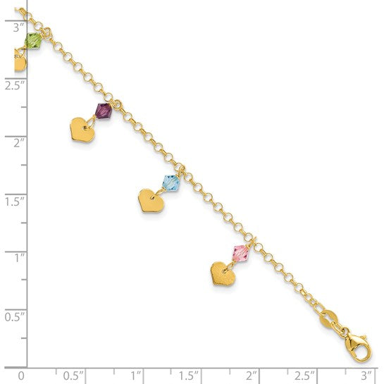 14ky Polished Dangling Hearts and CZ Fancy Bracelet