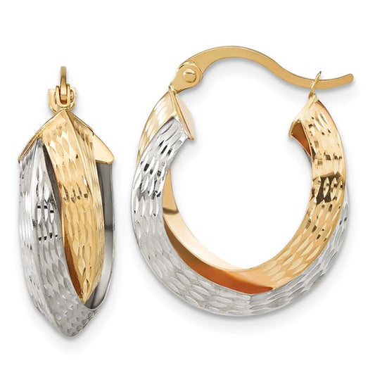 14k Two-tone D/C and Polished Higed Hoops