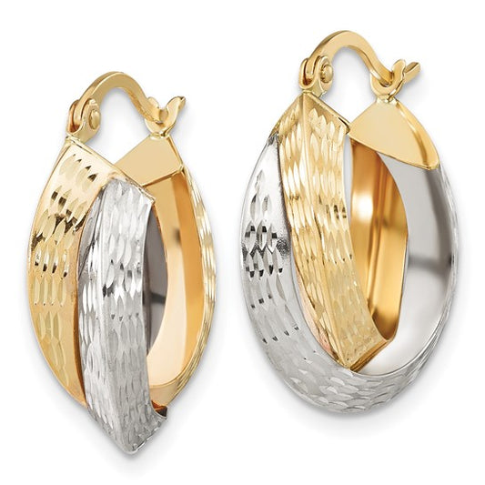 14k Two-tone D/C and Polished Higed Hoops