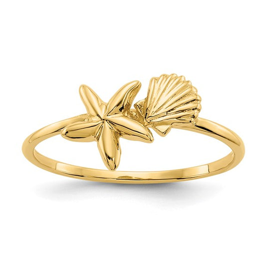 14k Polished Shell and Starfish Ring