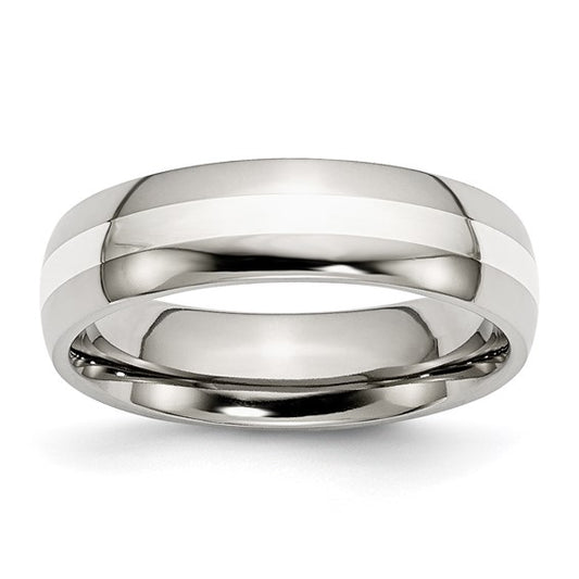 Stainless Steel with Sterling Silver Inlay Polished Band