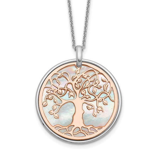 Leslie's Sterling Silver and Rose-tone MOP Tree of Life with 1 in ext. Necklace