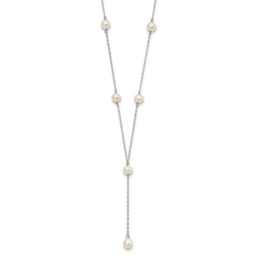 Sterling Silver Rhodium-plated 6-8mm White Teardrop and Semi-Round Freshwater Cultured Pearl 6-station Y-Drop 16 inch Necklace